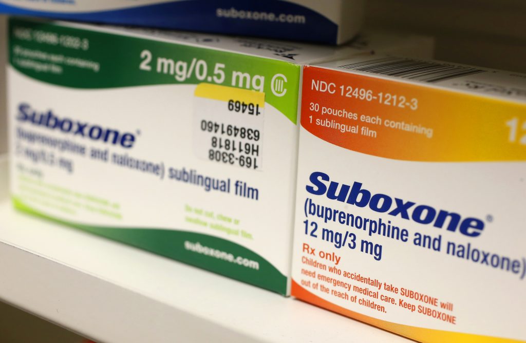 Suboxone medication, which is used to treat narcotic (opiate) addiction, sits on a pharmacy shelf